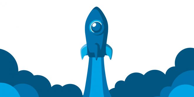 An illustration of a rocketship launching
