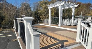 A deck with railings