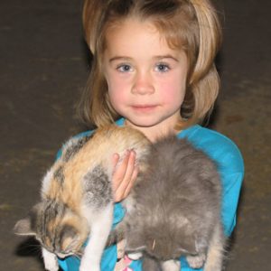 A child holding kittens