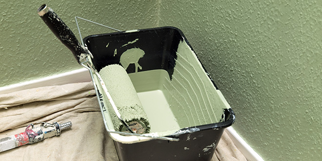 paint bucket and roller with green pain